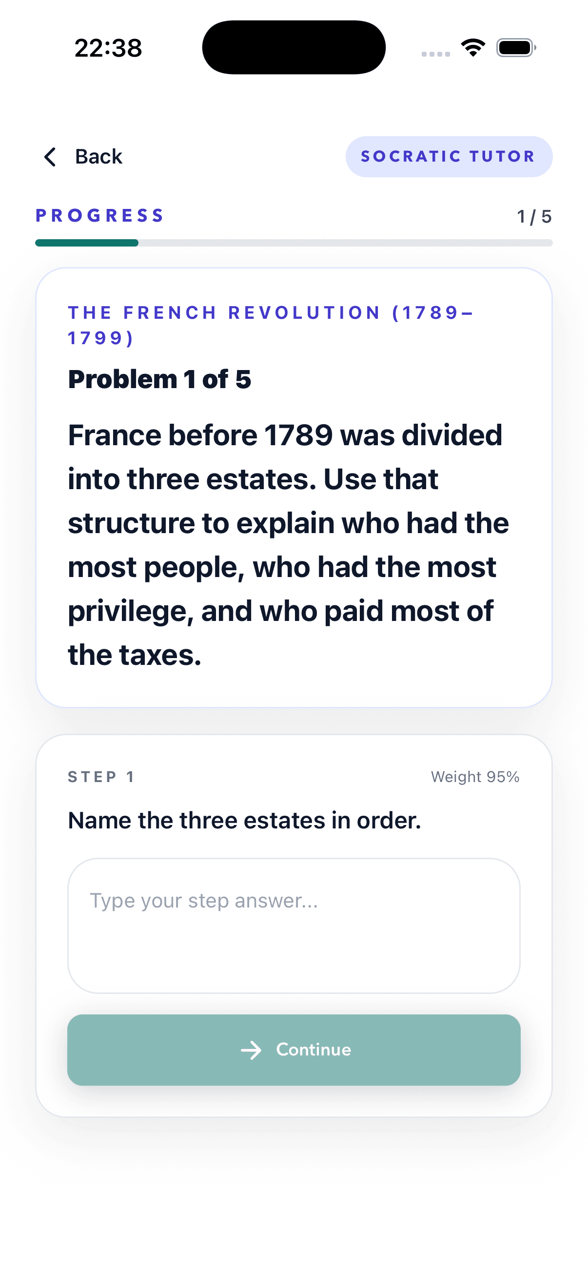 A Socratic tutor revision screen about the French Revolution with a guided response step.