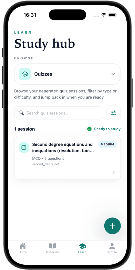 The quizzes study hub screen with a ready-to-study quiz session.